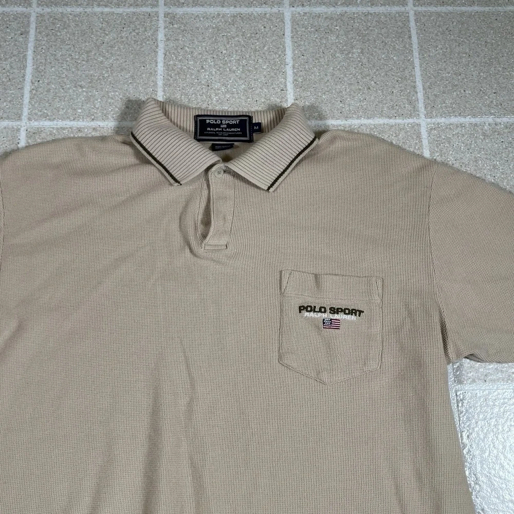 Vintage Polo Sport Ralph Lauren Shirt Sz M Tan Textured Pique Flag 90s